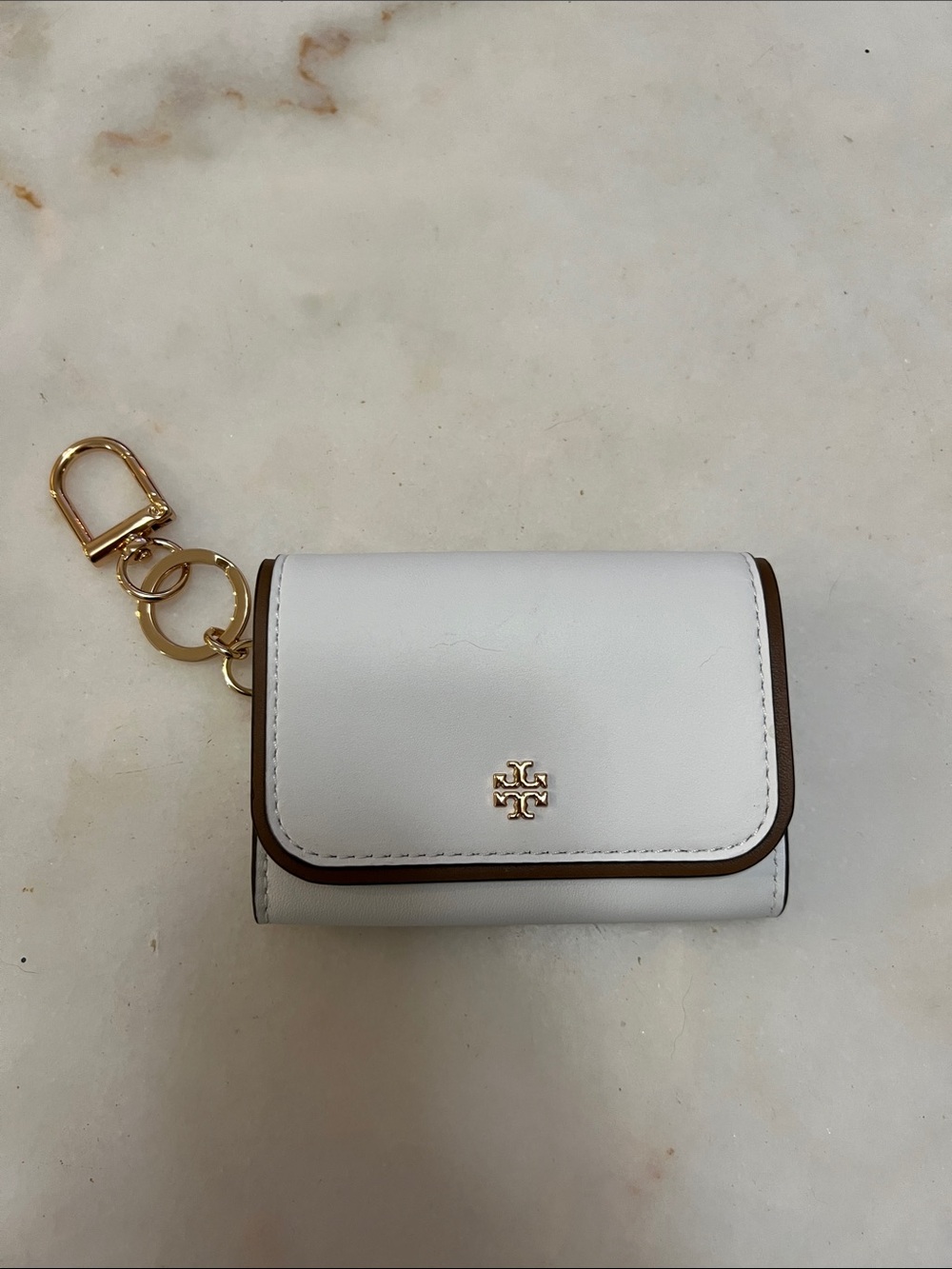 Tory Burch White Leather Key & Card Holder with Gold Hardware